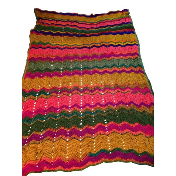 Vintage Handmade Colorful Neon Zigzag Chevron Throw Blanket Festival Crochet - Picture 1 of 8